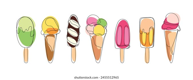 Ice cream continuous line drawing with colored elements. Dessert gelato in simple style. Different type ice cream summer set. Hand drawn minimalist style vector illustration