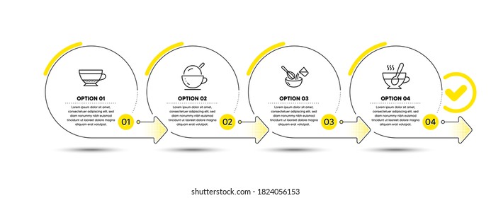 Ice cream, Cooking whisk and Dry cappuccino line icons set. Timeline process infograph. Tea cup sign. Coffee cup, Cutlery, Beverage mug. Coffee with spoon. Food and drink set. Vector