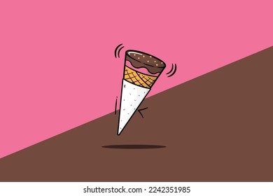 Ice cream cornetto waffle cone strawberry and chocolate on pink brown background