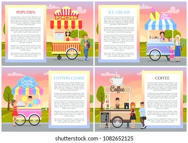 Ice cream cotton candy set, collection of posters with titles text samples, coffee popcorn sellers and park isolated on vector illustration, add info