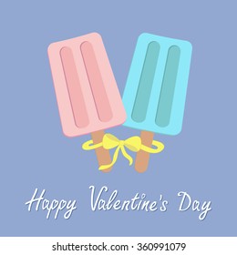 Ice cream couple. Bow on sticks. Happy Valentines Day. Love card. Rose quartz serenity color. Vector illustration