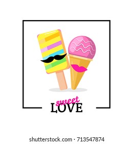Ice cream couple with lips mustaches. Love card vector illustration. Cartoon ice cream