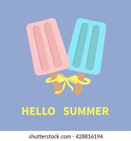 Ice cream couple set with bow. Hello summer greeting card. Flat design Violet background. Vector illustration.