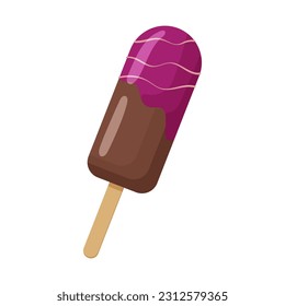 Ice cream covered with chocolate with fruit pink glaze on wooden stick. Ice cream eskimo dessert isolated on white background. Vector illustration