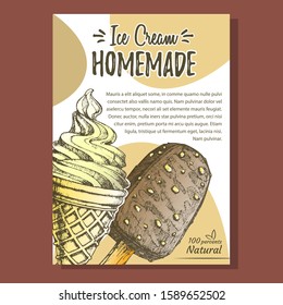 Ice Cream Covered Chocolate And Nuts Poster Vector. Creamy Frozen Dessert With Chocolate Glazed And Hazel On Stick Concept. Cold Delicious Product Designed Template Color Illustration
