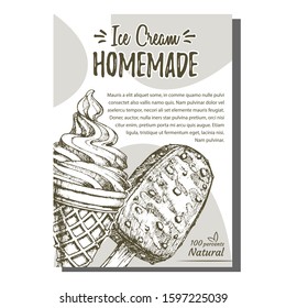 Ice Cream Covered Chocolate And Nuts Poster Vector. Creamy Frozen Dessert With Chocolate Glazed And Hazel On Stick Concept. Cold Delicious Product Designed Template Monochrome Illustration