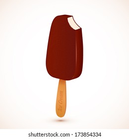 Ice cream covered with chocolate on wooden stick, vector illustration