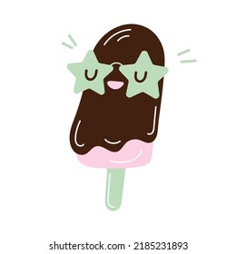 Ice cream covered with chocolate on wooden stick, flat vector illustration in doodle style