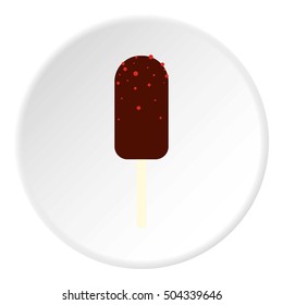 Ice cream covered with chocolate on wooden stick icon. Flat illustration of ice cream covered with chocolate vector icon for web