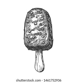 Ice Cream Covering Chocolate And Nuts Ink Vector. Creamy Frozen Dessert With Chocolate Glazed And Hazel On Stick Concept. Cold Delicious Product Designed Template Black And White Illustration