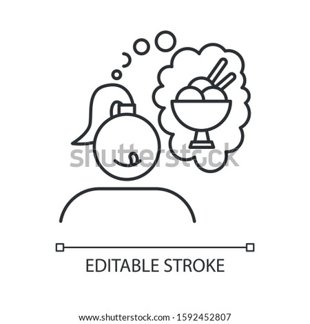 Ice cream craving linear icon. Girl thinking of sweat dessert. Thought of treat. Woman hungry for gelato. Thin line illustration. Contour symbol. Vector isolated outline drawing. Editable stroke