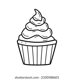 Ice cream in creamers and baskets doodle style. Vector illustration of summer refreshing dessert. Icon for the cafe restaurant menu. Single sketch isolate on white.