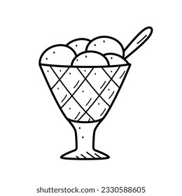 Ice cream in creamers and baskets doodle style. Vector illustration of summer refreshing dessert. Icon for the cafe restaurant menu. Single sketch isolate on white.