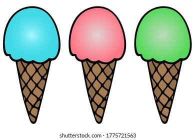 Helado. Cono de gofre crujiente. Conjunto de ilustraciones vectoriales. Dulces en un fondo blanco aislado. Estilo de caricatura. Una colección de deliciosos postres refrescantes. Ánimo de verano. Cono de popsicle. 