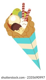 Ice cream in crunchy cone with cookies, isolated delicious fast food with waffle and frozen dessert. Snacks and dessert in restaurant or shop, store or diner. Lunch or breakfast. Vector in flat style