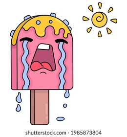 ice cream is crying hot in the afternoon sun, vector illustration art. doodle icon image kawaii.