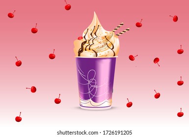 Ice cream cup ads  vanilla frozen yogurt or soft ice cream, with natural cherry background .vector template illustration.