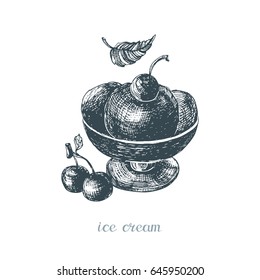 Ice cream cup with berries of cherry and leaf.Hand drawn vector illustration.Isolated elements on white background        