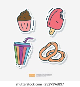 ice cream or cup cake, popsicle ice lolly, iced coffee cup, onion ring fries doodle icon. Fast food Cute doodle. Cuisine and drink Sticker Set Vector Illustration
