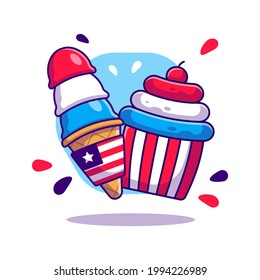 Ice Cream and Cup Cake for usa independence day Cartoon Vector Illustration. USA Independence Day Icon Concept Isolated Premium Vector