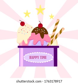 ice cream cup with cherry and wafer, happy time