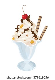 ice cream in a cup with chocolate, nuts and a cherry on a white background
