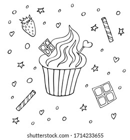 Ice cream in a cup with chocolate, strawberries and wafer rolls. Hand drawn with a black line. Tasty summer dessert. Coloring. Vector illustration. Isolated objects white background.