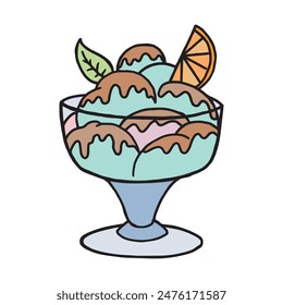 Ice cream in cup with chocolate topping, orange and green leaf hand drawn colored outline cartoonish illustration. Simple cold 
sweet and refreshing dessert with fruit and chocolate cartoon logo icon.