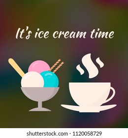 Ice cream and cup of coffee on dark blurred gradient background. Vector illustration. Banner for café and restaurant. Easy to edit design template for websites and social media.