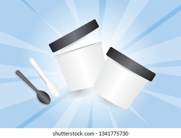 Ice cream cup, dessert cup with lid and spoon blue background