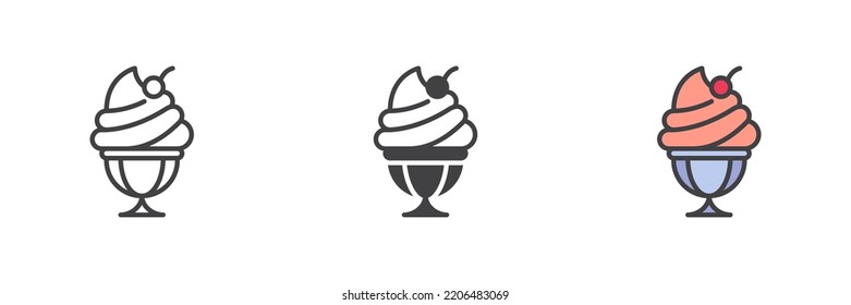 Ice cream cup different style icon set. Line, glyph and filled outline colorful version, cherry ice cream outline and filled vector sign. Symbol, logo illustration. Vector graphics