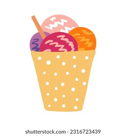 Ice cream in a cup hand drawn illustration. Cartoon style flat design, isolated vector. Summer food, seasonal print, menu element, holidays, vacations, beach, pool party, gelato, frozen yogurt