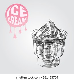Ice cream in a cup hand drawn sketch isolated on white background and pink blob with drops. Ice cream sketch elements vector illustration.