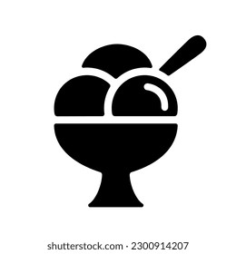 Ice cream cup icon, black silhouette on white. Three balls of frozen custard or sorbet in glass with spoon. Vector element for minimalist summer design and print, street food illustration or logo.