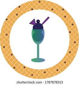 ice cream or ice cream cup icon with cookie and chocolate ball. white background with yellow texture