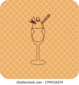 ice cream or ice cream cup icon with cream and cookies in brown lines. textured beige background