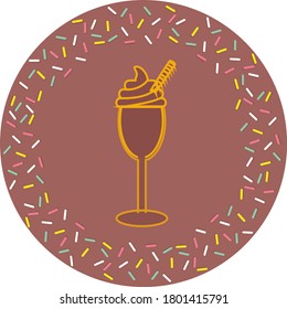 ice cream or ice cream cup icon with cream and cookies with colored lines. textured brown background