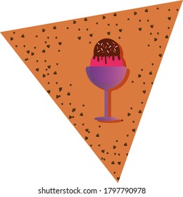 ice cream or ice cream cup icon with a scoop with chocolate chips. brown background with texture and triangular shape