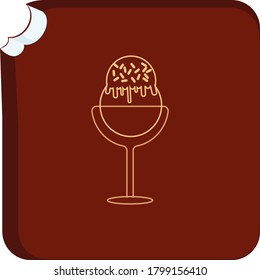 ice cream or ice cream cup icon with a scoop with chocolate chips with beige lines. brown background