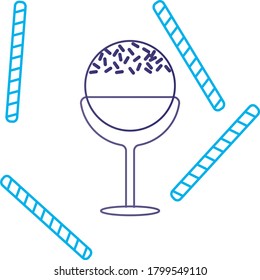 ice cream or ice cream cup icon with a scoop with chocolate chips degraded blue lines. white background