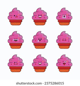 ice cream cup icon set vector emoticon. cute ice cream cup emoji with face. ice cream cup Illustration of cute emojis with various expressions. ice cream cup, flat cartoon style.