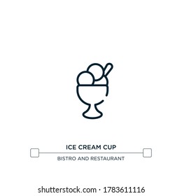 Icono de la taza de helado. Icono de la copa de helado negro de línea delgada, ilustración de elemento simple de vector plano del concepto de restaurante editable, golpe aislado sobre fondo blanco. Se puede usar para web y móvil
