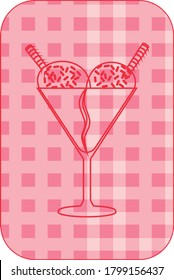 ice cream or ice cream cup icon with two scoops and cookies with red lines. pink background