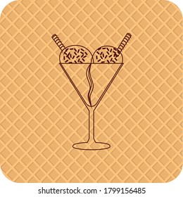 ice cream or ice cream cup icon with two scoops and cookies in brown lines. textured beige background