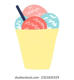 Ice cream in a cup illustration, isolated. Cartoon hand drawn flat style design. Summer holidays, vacations, outdoors, beach activity, pool party, seasonal element