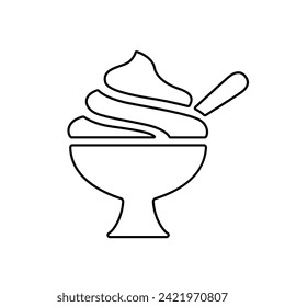 Ice cream cup line icon, black outline on white. Soft serve gelato or sundae in glass with spoon. Vector clipart sign or logo for web design and print, illustration of summer street food.