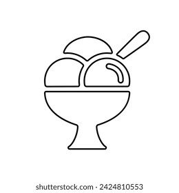 Ice cream cup line icon, black outline on white. Three balls of frozen custard or sorbet in glass with spoon. Vector clipart sign or minimalist logo for web design, illustration of summer street food.