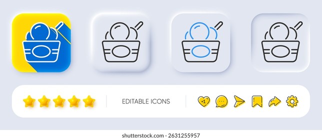 Ice cream cup line icon. Neumorphic, Flat shadow, 3d buttons. Vanilla sundae sign. Frozen summer dessert symbol. Line ice cream icon. Social media icons. Vector