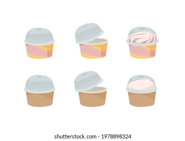 Ice cream in a cup. A paper container with a plastic lid. Outline vector illustration on a white background.