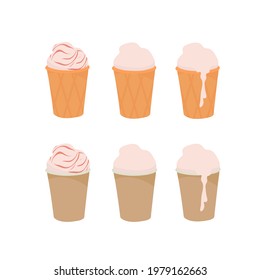 Ice cream in a cup. A paper container. Waffle cup. Outline vector illustration on a white background.